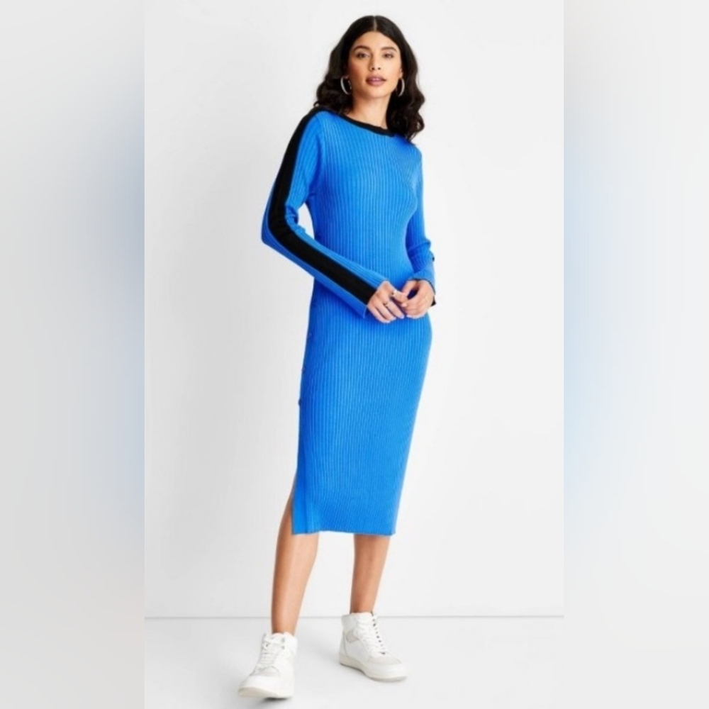 Future Collective Blue Midi Dress with Black Stripe Size Large EUC